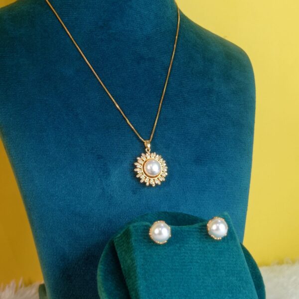 2 Gm Gold Plated Pearl AD Pendent Chain With Earing - Image 2